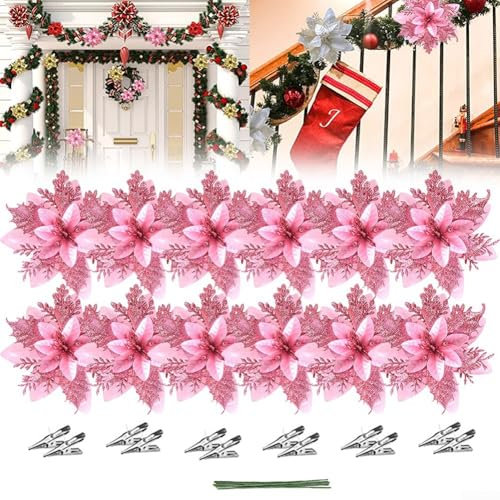 12 Stück Weihnachtsstern künstliche Blumen, 14 cm künstliche rote Weihnachtssterne Blumen Dekorationen mit Clips Stiele Glitzer Weihnachtsbaum Ornamente
