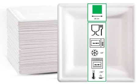 DPdantepellacani 50 Piatti Piani Quadri Grandi lato 26 cm Piatto carta bianco bagassa biodegradabile rigido monouso in fibra vegetale feste compleanni picnic eventi sagre