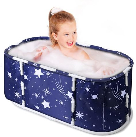 Calager Portable Foldable Bathtub for Adults,Large Soaking Bathtub with Plastic Frame,Reusable Freestanding Bathtub,Collapsible Hot Bath Ice Bath SPA Tub Soaking Bath Tub for Shower Bathroom Blue