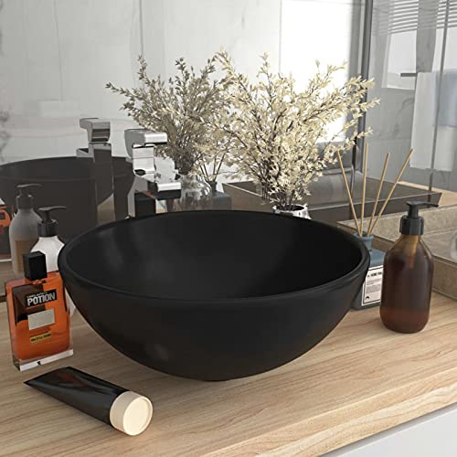 Xichuzi Lavabo de Lujo, Lavabo sobre Encimera, Lavabo Baño, Muebles De Baño, Mueble Lavabo, Redondo cerámica Negro Mate 32,5x14 cm