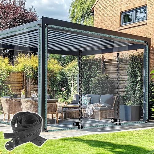 Wasserdichte Outdoor-Planen-Vorhänge für Pergola, Pavillon, Terrasse, mit Reißverschlusstür, transparente PVC-Abdeckfolie, 0,3 mm dick, wetterfest und transparent, Seitenteile, 3,8 x 2,2 m