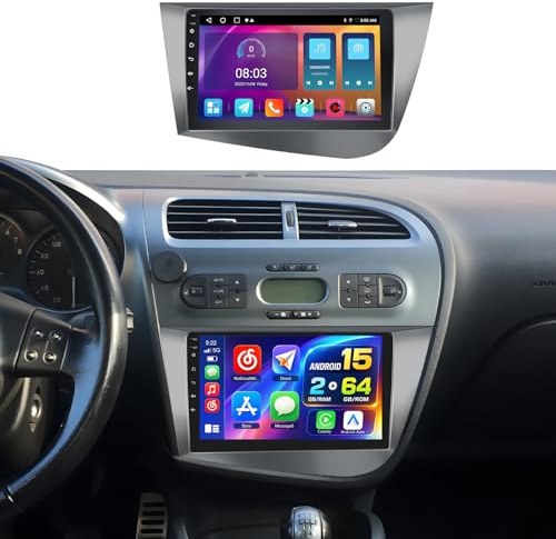 2GB+64GB Android Autoradio för Seat Leon 2005-2012(Vänsterstyrning) Trådlös CarPlay Android Auto, 9 Skärm Bluetooth Auto Radio Navi Backkamera WiFi FM RDS SWC