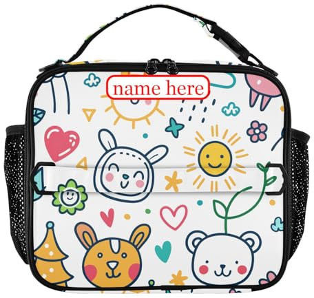 tplaotee Bold Line - Bolsa de almuerzo personalizada con diseño de garabatos para niños, con cremallera, bolsa de almuerzo con asa para playa, viajes, vieiras, patrón de acuarela