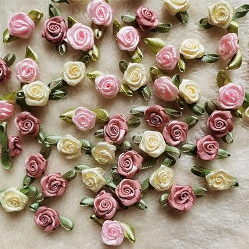 100Pcs 15mm Multicoloured Mini Rose Flowers Satin Ribbon Bows Appliques DIY Sewing Craft Accessories Wedding Bride Gift Decoration, Trim and Embellishments Ribbons