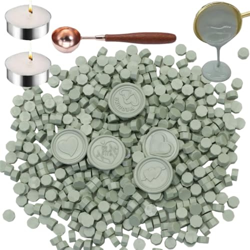 Lot de 150 perles de cire octogonale noire avec 2 bougies à thé et 1 cuillère à fondre pour artisanat, lettre, vin, cartes de vœux, scellement (150, vert sauge)