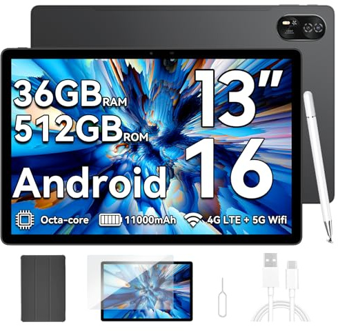 Blackview MEGA8 Android 16 Tablet 13 Zoll,36GB RAM+512GB ROM,90Hz 2K FHD Großes Display,4G LTE+5G WiFi,11000mAh Akuu,Tablet PC mit Stift,Octa Core T620,50MP+13MP Dual AI Kamera,GPS/WideVine L1/Face ID
