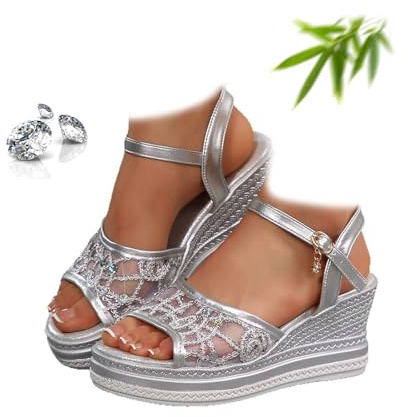 POIOZXD Sandales d'été compensées avec strass confortables à bout ouvert pour femme - Sandales orthopédiques compensées - Chaussures de marche, Argenté., 43 EU