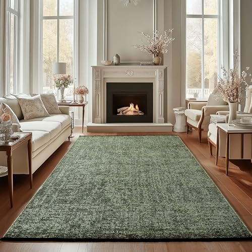 Carpettex Chenille Teppich Baumwolle Grün 200x290 cm Boho-Stil, Vintage Kelim, Waschbar, Kurzflor, rutschfest & Weich, Einfarbig Meliert, Für Wohnzimmer, Schlafzimmer, Büro & Küche