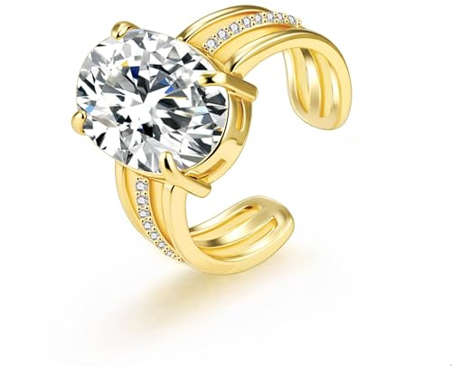 ALEXCRAFT Silver Zirconia Rings for Women, Hypoallergenic Open Wedding Ring | Adjustable Chunky Open Rings with Cubic Zirconia CZ Diamond Rings Large Wedding Anniversary Engagement Rings for Women Lady