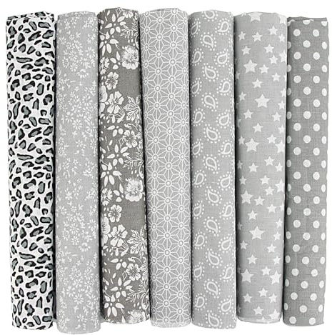 7er Set Baumwollstoff 50x50cm – Stoffe zum Nähen, Patchwork Stoffe, Stoffreste – DIY Stoff für Basteln, Quilten, Deko & Puppenkleidung – 100 % Baumwolle, Verschiedene Designs (Grau, 50x50cm)