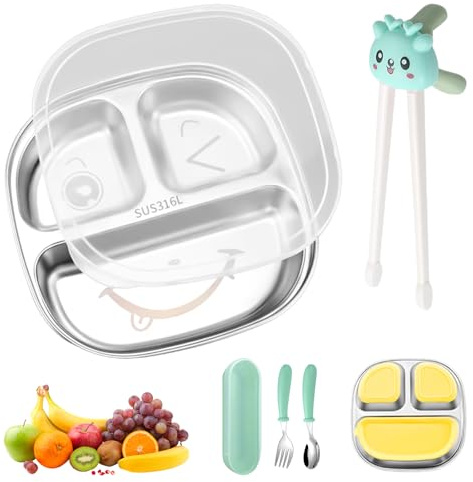 Joyan Piatti in acciaio inox per bambini, piatti con aspirazione, vassoio per bambini con cucchiai, forchette e bacchette, piatto diviso con coperchio, piatto per lo svezzamento sicuro e durevole