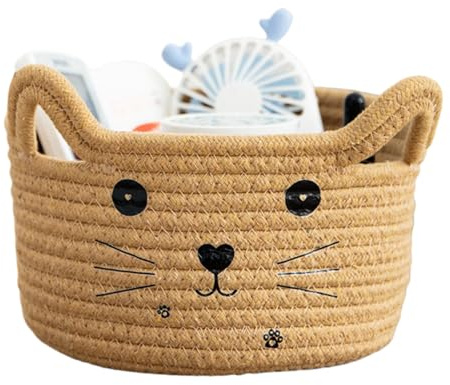 Cotton Rope Basket, Small Woven Rope Storage Basket, Cat Woven Storage Baskets, with Ear Handles, House Pet Toys Organiser for Living Kids Room Shelves, Cat Design, Caramel
