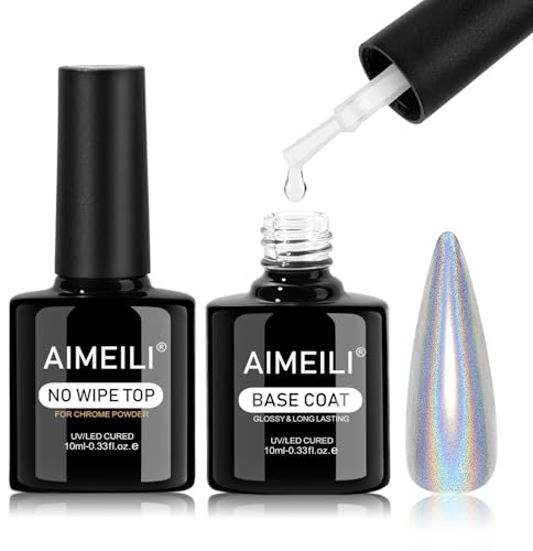 AIMEILI Base y Top Coat Semipermanente, Capa Superior y de Base Para Cromo Espejo UV LED Soak Off Gel Coat Para Chrome Mirror Nails Metallic Gel Nail Polish Salon Home DIY Manicura, 2 x 10ml