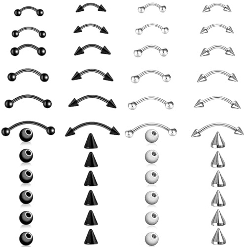 louuuou 24Pcs curved barbell piercing, eyebrow piercing jewellery lip piercing jewellery, for Eyebrow Stainless Steel, Piercing Jewelry for Women Men (Black and Silver)