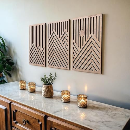 PAEFIU 3 Stücke Holz Geometrische Wandkunst, Hängende Moderne Wandskulpturen, Hohl Boho-Wanddekoration, Lattenrost Wandbehang, Naturholz Abstrakten Wandpaneelen, für Küche, Schlafzimmer (Hellbraun)