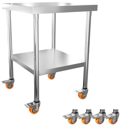 LZQ Edelstahltisch Arbeitstisch 85x61x46 cm mit Rollen, Rolltisch Edelstahl Arbeitsplatte, Servierwagen Edelstahl mit 4 feststellbaren Rädern, Tisch mit Rollen für Küche Bar Restaurantar