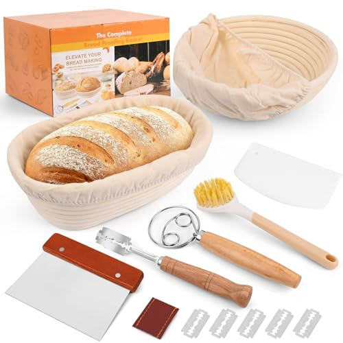 Juego de cesta de fermentación para pan, cesta de fermentación para hornear pan, 23 cm redonda y 25 cm, cesta ovalada de pan, 100% ratán natural, incluye espátula para masa, inserto de lino, agitador