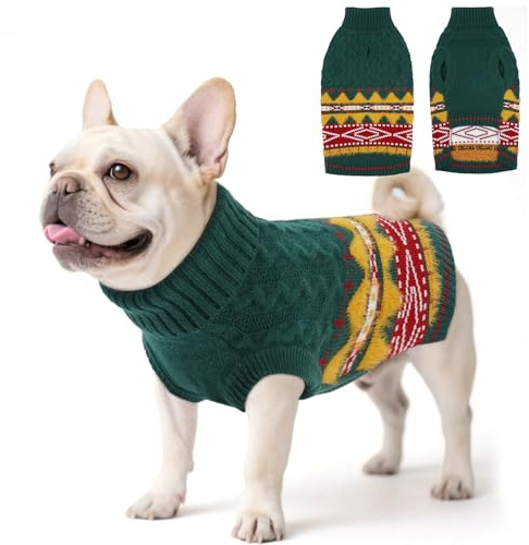 Hjumarayan Hundepullover Mittelgroße Hunde - Fair Isle Pullover Hund mit Geschirr Öffnung, Weihnachtspullover Elastisch Hundepulli Winter Sweater für Französische Bulldogge, Grün L