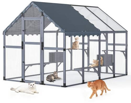 Catio Outdoor Katzengehege Katzen Großer Katzenauslauf 276 x180 x 188cm Kitty Haus Katzenhaus mit Brücken, Spaziergänge, Kleine Häuser, Dachabdeckung, Grau