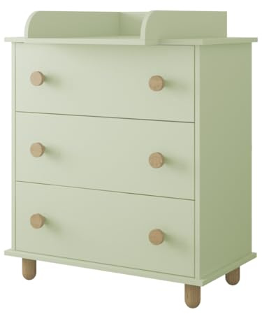 zee Mint Wickelkommode 83x93x48 cm LUMI mit Wickelaufsatz 3 Schubladen Kommode Babyzimmer mit Vollauszug Schubladen Griffe und Füße aus Massivem Buchenholz