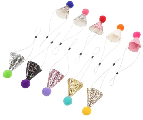 BAZEITFLOW 10 Stück Haustier Geburtstagshüte für Hunde und Katzen Verstellbar Glitzernde Partyhüte mit Bunten Pompons Leichtes Material für Kleine und Mittelgroße Haustiere