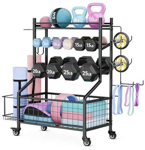 4-Stufiger Verstellbarer Hantelständer,Mit Rädern & Haken,60 × 40 cm | Multifunktionale Hantelablage Für Yogamatten,Hanteln,Schaumstoffrolle,Widerstandsbänder