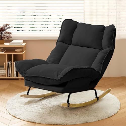 HDHNBA Schaukelstuhl mit Verstellbarer Rückenlehne, Moderner Akzentstuhl für Wohnzimmer Kinderzimmer Schlafzimmer, Extrabreiter Gepolsterter Gleitstuhl Bequemer Relaxsessel (Schwarz)