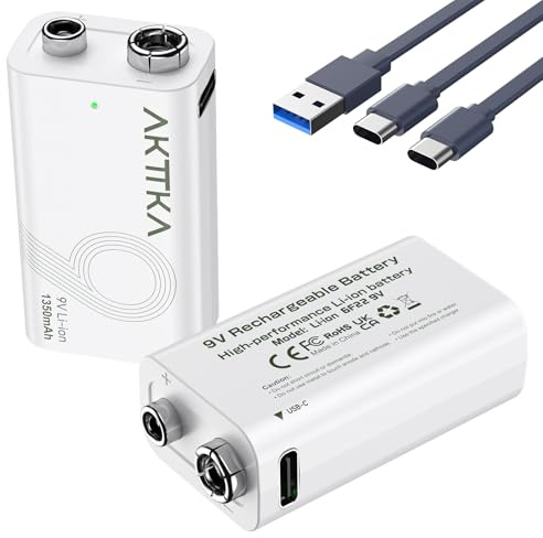 AKTTKA Lot de 2 Piles Rechargeables au Lithium 9V (1350mAh), avec Câble de Charge de Type C, Particulièrement Adaptées Aux Multimètres Portables, Aux Détecteurs de Métaux et Aux Testeurs de Ligne