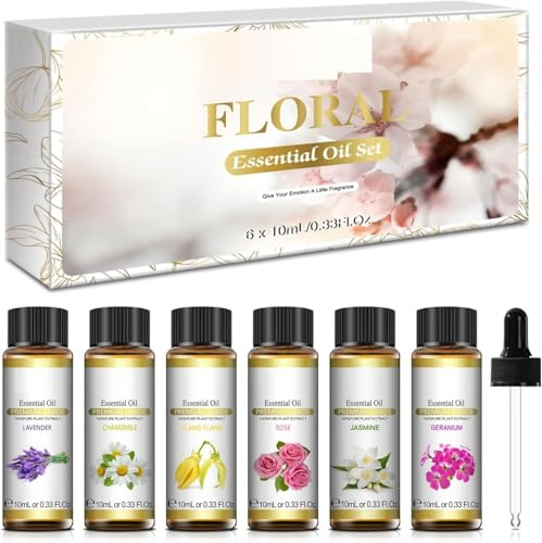Set 6 Oli Essenziali Puri Kit Fragranze Floreali per Diffusore Aromaterapia, Massaggi e Cura del Corpo – Lavanda, Rosa, Ylang Ylang, Gelsomino, Geranio e Camomilla