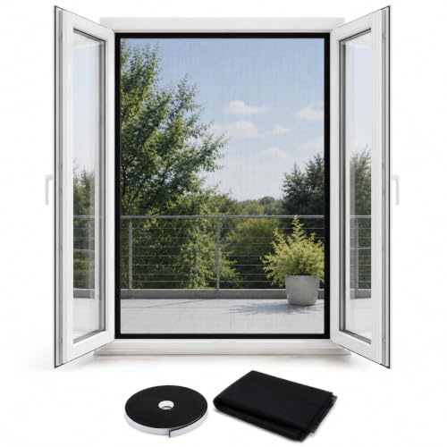 Mosquitera para ventana y puerta, kit fácil de montar, negro, 150 x 250 cm, cinta adhesiva - lado gancho + red antimosquitos anti insectos
