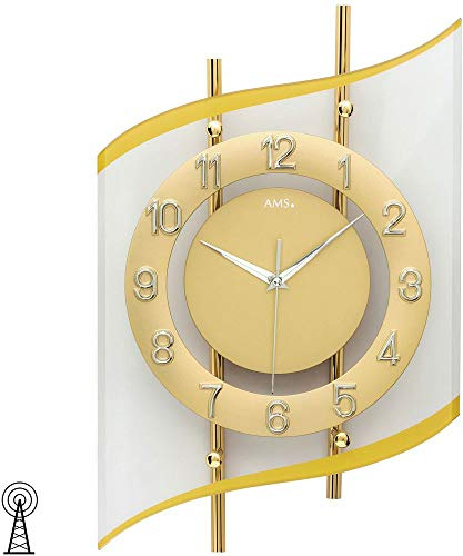 AMS 5505 Wanduhr Funk Funkwanduhr Analog Golden Modern geschwungen mit Glas