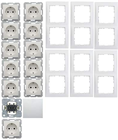 Berker S1 Steckdosen, Rahmen und Schalter Set 19tlg. 11x 47438989 Steckdose, 6x 10128989 2Fach Rahmen, 1x 3036 Wechselschalter, 1x 16208989 Wippe Polarweiß glänzend weiß
