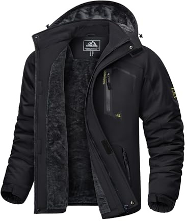 KEFITEVD Chaqueta Esquí Impermeable Cálida para Hombres Chaquetas Térmicas Lana Deportes Invierno Abrigo con Capucha,Negro,S