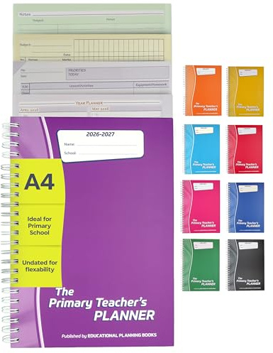 Educational Planning Books Primary Teacher Planner 2026-2027, A4 (PTP1-P) | 208 undated page-a-day pages, seven-term overviews, colour-coded sections, pupil record pages, hardback