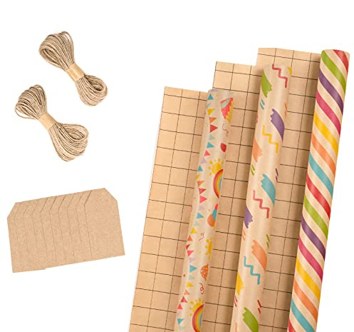 RUSPEPA Rollos de Papel de Regalo con Etiquetas, Hilo de Yute - 43 cm X 3 m Por Rollo, Total de 3 Rollos, Cumpleaños