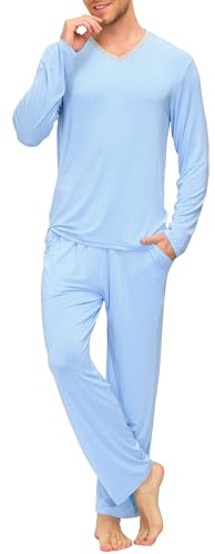AjezMax Ensemble Pyjamas Bambou Homme 2 Pièces Haut et Bas de Pyjama Manche Longue Pantalon Vêtement de Nuit avec Poches