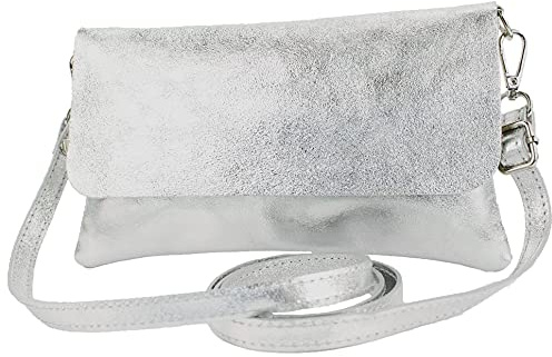 modamoda de T226 Damen Leder Clutch Umhängetasche Abendtasche Small handmade in Italy, Farbe:Silber-Metallic