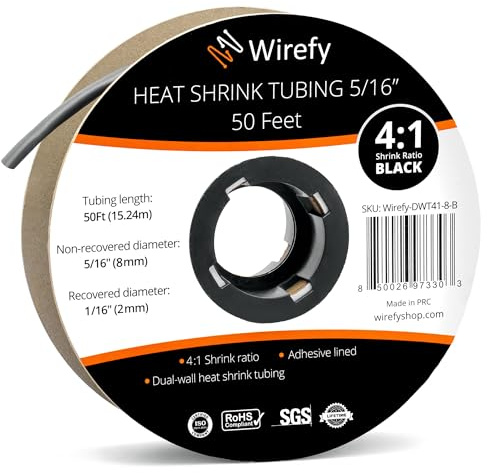 Wirefy 5/16 Heat Shrink Tubing - 4:1 Ratio - Adhesive Lined - Marine Grade Heat Shrink - 50 Feet Roll - Black