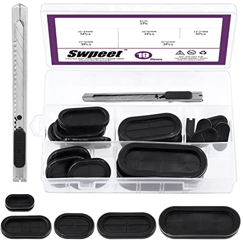 Swpeet S1798 20Pcs 1.16 inch 2.07 inch 1.79 inch 2.59 inch 3.54 inch Double-Sided Hole Oval Rubber Grommets with Craft Knife Assortment Kit, Synthetic Wire Protection for Auto Car Wire Cable Wire