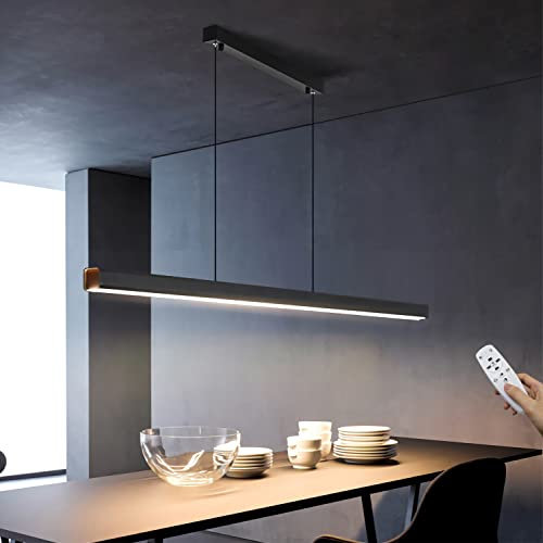 Suspension LED Dimmable Longue Bande Noire Table à Manger Lampe Suspension avec Télécommande Design linéaire Moderne Lustre Hauteur Réglable Lampe pour Bureau Bar Salle À Manger Cuisine (Noir, 150cm)