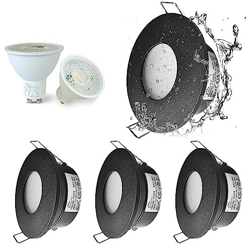 Sweier 4 Pack Waterproof GU10 Downlight, IP65 LED Bathroom Spotlight, Cool White 6000K, 5W 430 Lumen, Recessed Ceiling Light, Cutout Size 68mm/2.68in – Black