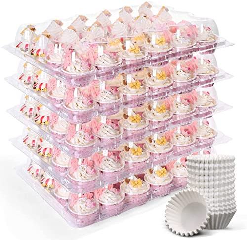 LotFancy Mini Cupcake Containers 24 Count, 12 Sets, Plastic Cupcake Holder with 288 Mini Cupcake Liners, Clear Disposable Mini Cupcake Carriers with Detachable Dome Lid (Mini Size)