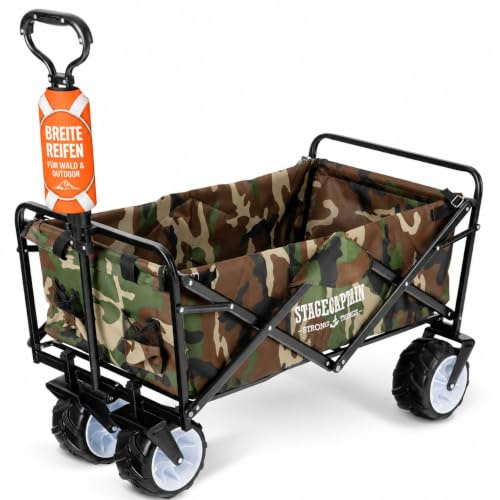 Stagecaptain BW-907 CA Bollycart rullvagn vikbar utan tak – handvagn med bredder, stora däck – vikbar metallram kan belastas upp till 80 kg – vikbar – 2 ytterfickor – kamouflage