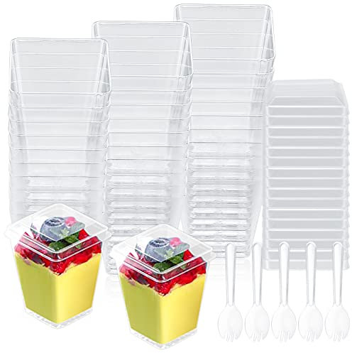 Yibaijia 50 Pcs Dessert Cups, Dessert Bowls, Reusable Plastic Square Cheesecake Pots, 160 ml/5.4 oz Clear Appetizers Serving Bowl for Dessert Pudding Trifles Party, with 50 x Lids