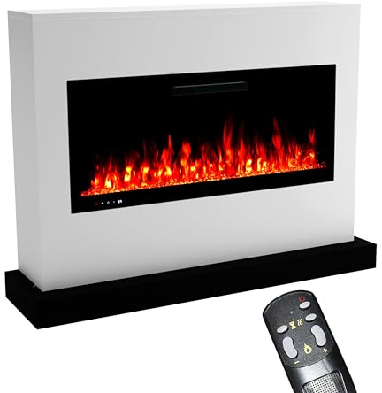GF Core Elektrokamin mit Heizung und Kaminfeuer (Standkamin Zeus) - elektrischer Kamin mit LED-Feuer in 5 Farben, Heizlüfter, Deko & Fernbedienung - 135x100x35 cm, Weiß
