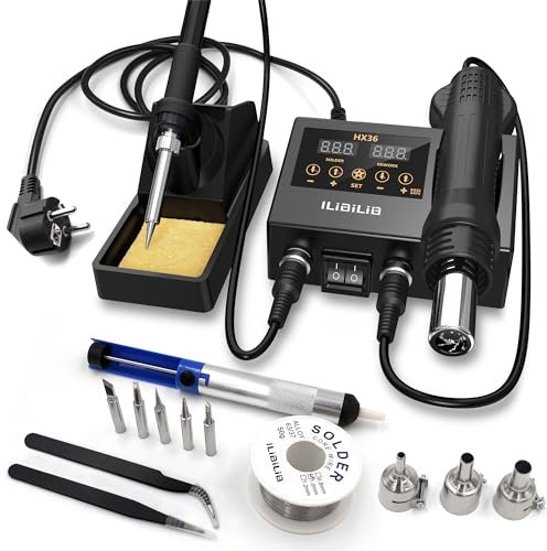 Lötstation, ILIBILIB 2-in-1 SMD Heißluftstation und Lötkolbenstation mit °C/°F, Heißluftpistolenkühlung Heißluftumwandlung, Digitaler Temperaturkorrektur und Schlaffunktion Lötstationsset