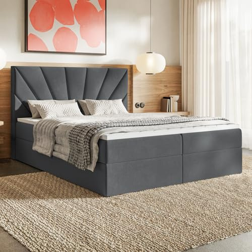 MOTIVENA Aspen Boxspringbett 180x200 mit Bettkasten und Topper, Polsterbett 180x200 mit Bettkasten, Taschenfederkern-Matratze (H3), T28 Komfortschaumstoff Topper (H3), Samt, Grau (Anthrazit)