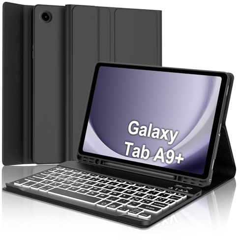 Cover Tastiera per Samsung Galaxy Tab A9+/A9 Plus 11 2023 X210/X216/X218 | Keyboard 7 Colori Illuminato Magnetico Staccabile, Italiano QWERTY, Custodia Tastiera Bluetooth con Portapenna, Nero