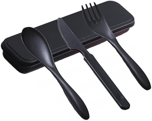 Juego de cubertería de viaje con estuche, juego de cubiertos de plástico, cuchillo de plástico, tenedor y cuchara, juego de cubiertos portátil para camping, picnic, oficina, escuela, almuerzo (negro)