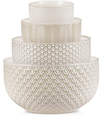 KooK Ceramic Mixing Bowls, Nesting Set of 4, Embossed Kitchen Dishware, Prep, Serving, Gift, Microwave and Dishwasher Safe, 20/44/98/145 oz, Narbonne Collection (Ivory)